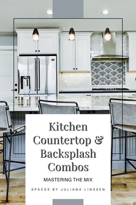 No-fail kitchen backsplash and countertop combinations! #interiordesign #interiors #interiorstyling #homedesign #homestyling #homedecor #dreamhome #livingspaces #interiordecorating Cabinet Countertop Backsplash Combinations, No Fail Kitchen Combos, Kitchen Cabinet Countertop Combinations, Backsplash Countertop Combination, Kitchen With Two Different Countertops, Cabinet Countertop Combinations, Countertop Backsplash Combinations, Backsplash And Countertop Combos, Cabinet And Countertop Combinations