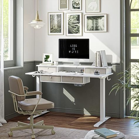 FEZIBO Sturdy Height Adjustable Electric Standing Desk with Drawers, 48 x 24 Inch Stand Up Table with Large Storage Shelf, Sit Stand Desk, White Top Apartment Refresh, Stand Up Table, Drawers Design, Standing Desk Office, Back Strain, Electric Standing Desk, Adjustable Height Standing Desk, Adjustable Standing Desk, Sit Stand Desk