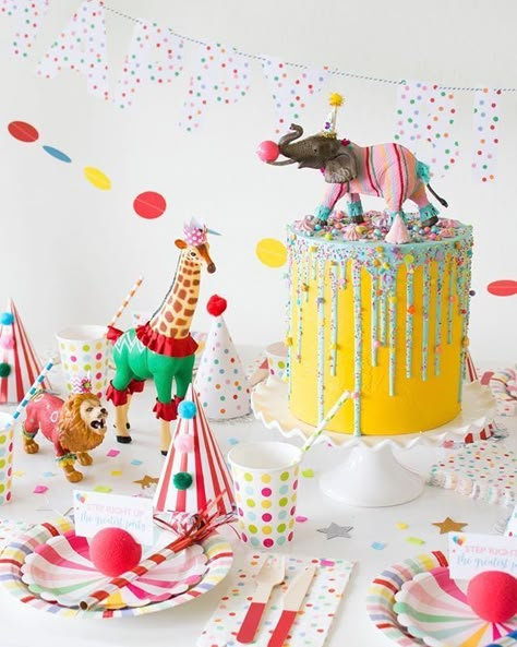 Colorful Party Animal Birthday Theme, Party Animal Birthday, Animal Party Theme, Animal Parade, Zoo Birthday, Circus Birthday Party, Animals Birthday, Circus Animals, Carnival Birthday Parties