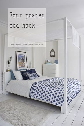 Turn your Ikea bed into a four poster, Ikea hack by www.hestershandmadehome.com Ikea Twin Bed, Poster Tutorial, 4 Poster Bed, Girls Room Diy, Malm Bed, Nz House, Book Furniture, Apartment Checklist, Ikea Bed