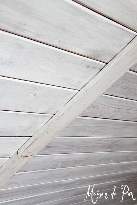 How to match old whitewashed wood planks to new planks, Maison de Pax on Remodelaholic.com #whitewash #ceilings #painting #plankceiling #attic White Wash Ceiling, How To Whitewash Wood, Cedar Ceiling, White Washed Pine, How To Whitewash, Wooden Roof, Wood Plank Ceiling, Tongue And Groove Ceiling, Plank Ceiling