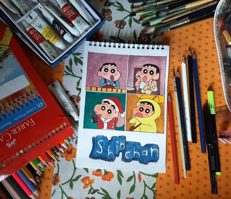 Shinchan Watercolor painting Shinchan Family Drawing, Shinchan Cute Drawing, Shinchan Doodle Art, Shinchan Painting, Shinchan Drawing, Bullet Journal Hand Lettering, Painting Mood, Childhood Memories Aesthetic, Memories Aesthetic