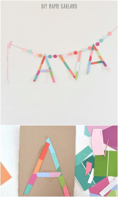 25 Brilliant Paint Chip Crafts For Home Decor And More! Turn paint chips into these amazing ideas! Make a colorful wreath, fun coasters, name cars, and even DIY jewelry all using scrap paint chips from your local hardware store! #paintchips #paintchipcrafts #homedecor #diy #handmade #repurpose #upcycle #reuse #decorating Name Garland Diy, Paint Chip Crafts, Crafts For Home Decor, Name Garland, Paper Party Decorations, New Paint Colors, Colorful Wreath, Cool Coasters, Diy Ombre