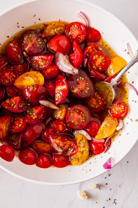 Cherry Tomatoes Recipes, Marinated Tomato Salad, Bacon Egg Salad, Poached Fish, Tomatoes Recipes, Grilled Ribeye, Cherry Tomato Recipes, Delicious Salad Dressings, Marinated Vegetables