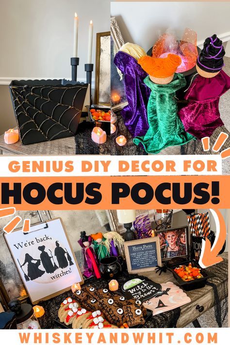 SISTAHS! You’re going to love these Sanderson Sisters-inspired Hocus Pocus 2 Watch Party DIYS! - Whiskey & Whit Hocus Pocus Office Door Decorations, Hocus Pocus Movie Night Decor, Hocus Pocus Birthday Party Decorations, Hocus Pocus Cubicle Decor, Hocus Pocus Office Decorations, Hocus Pocus Halloween Decorations Diy, Diy Hocus Pocus Decorations, Hocus Pocus Themed Decor, Hocus Pocus Party Decoration Ideas