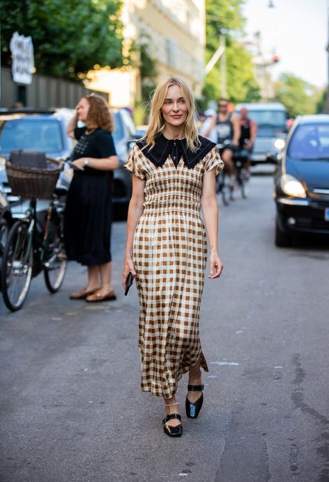 A statement collar adds a super-refined touch to rustic checks | How To Style Ganni Like The Copenhagen Street Style Gang | British Vogue Ganni Collar, Ganni Street Style, Dress Pic, Copenhagen Fashion Week Street Style, Copenhagen Street Style, Plisse Dress, Copenhagen Fashion, Copenhagen Style, Copenhagen Fashion Week