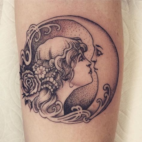 Unique Half Sleeve Tattoos, Art Deco Tattoo, Art Nouveau Tattoo, Line Tattoo Ideas, Nouveau Tattoo, Armband Tattoos, Tatoo Inspiration, Planet Tattoos, Moon Tattoo Designs