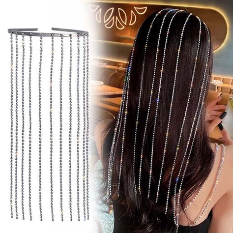 Material: Made of Metal and small processing diamond Color: Silver Hairband Diy, Diy Hairband, Tassel Headband, Hairband Hairstyle, Diamond Headband, Harajuku Anime, How To Make Tassels, Diamond Hair, Dark Academia Clothes