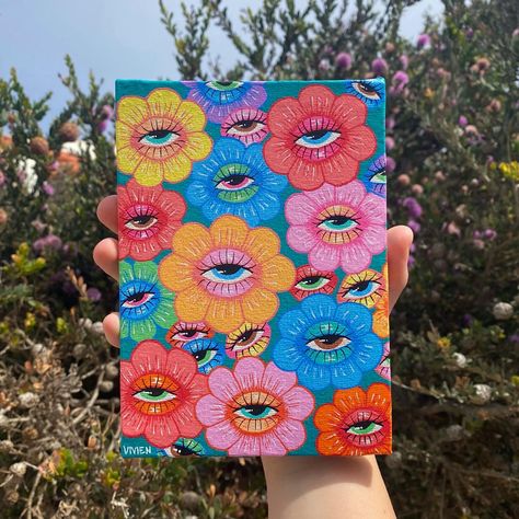 Posca Marker Canvas Art, Eye Flowers Painting, Eye Flower Painting, Y2k Painting Ideas On Canvas, Easy Painting Ideas Psychadelic, Trippy Paint Marker Art, Trippy Gouache Painting, Painting Ideas Eyes Trippy, Eye Flower