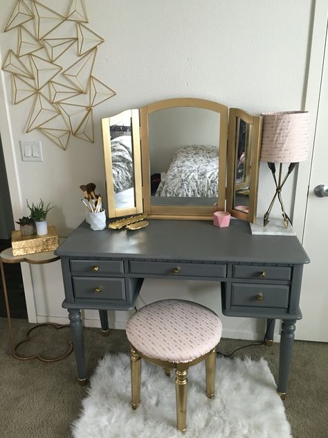 DIY vanity make over!  Spray painted my old black vanity matte grey and shiny gold. Upholstered my chair and lamp to match! Got some new coordinating nobs as well! All items purchased and Hobby Lobby, TJ Maxx, Plum Pretty Sugar - Brea,Ca and World Market! Repurposed Desk, Glam Bar, Teen Bedroom Makeover, Vanity Ideas, Diy Vanity, Casa Vintage, Vanity Design, Bedroom Desk