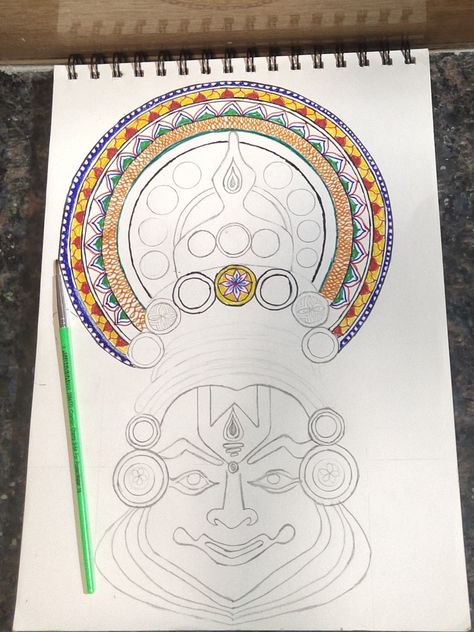 Kathakali Face Sketch, Karnataka Janapada Kale Drawing, Kathakali Pookalam Design, Kathakali Pencil Drawing, Kadakali Drawing, Kathakali Drawing Easy, Kathakali Face Drawing Outline, Kathakali Mural, Kathakali Face Drawing