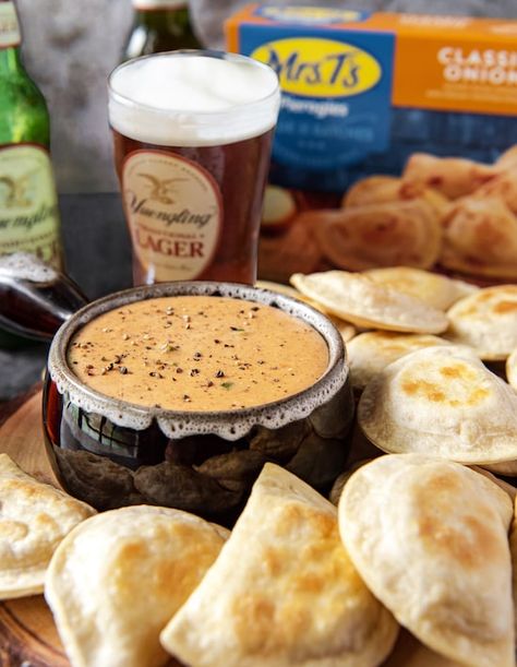 Classic Onion Pierogies with Yuengling Cheese Dip | Mrs. T's Pierogies Perogie Dipping Sauce Recipes, Frozen Pierogies, Whipped Potatoes, Beer Cheese Dip, Reality Bites, Party Snack, Beer Cheese, St Pats, Lager Beer