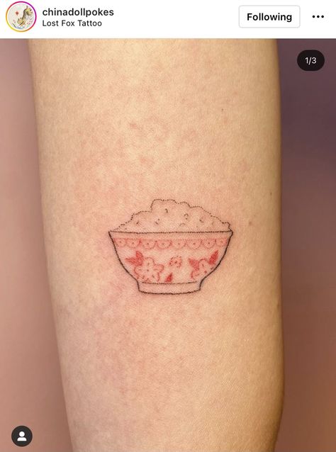 Rice Bowl Tattoo, Rice Tattoo, Bowl Tattoo, Tea Tattoo, Bowl Of Rice, Food Tattoos, Finger Tats, Delicate Tattoo, Fox Tattoo