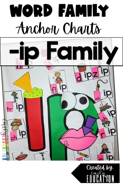 Adorable short i vowel practice with this interactive anchor chart when teaching the word family -ip. Students turn the i a chip and dig and the p has a lip! You then put together word cards and add them to the chart. Also comes with cards for students to add their own drawings. They then get to make their own ip family craft in student size with a writing practice activity with multiple options for writing the -ip words (trace, blank, just write the first letter). Family Anchor Chart, Interactive Anchor Charts, Vowel Practice, Teaching 1st Grade, Student Crafts, Cards For Students, 1st Grade Reading, Teaching Letters, Word Family