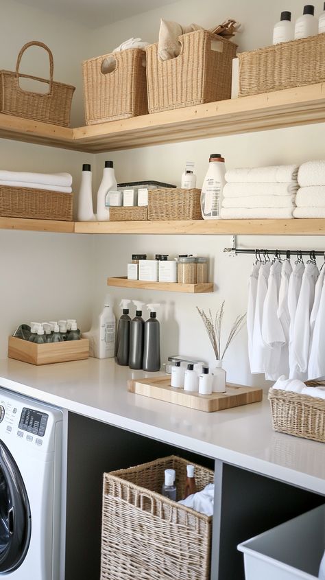 Discover the ultimate Virgo laundry haven! 🌿✨ Dive into efficient sorting stations, a spacious folding counter, and beautifully organized shelving. Enjoy the simplicity of natural cleaning products for a perfectly pristine space. 🧺🔍🔧🌱 #VirgoVibes #LaundryGoals Clean Laundry Room Aesthetic, Laundry Station Ideas, Cleaning And Organizing Aesthetic, Apartment Laundry Room Organization, Clean House Aesthetic, Laundry Room Aesthetic, Laundry Aesthetic, Apartment Laundry Room, Organized Laundry Room