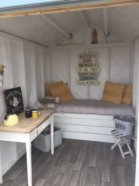 C&K Sheds, Powhatan. Shed decor. She shed. Vacation home. Hangout Shed, Shed Ideas Hangout, Shed Hangout Ideas, Shed Homes Interior, Beach Hut Interior, She Shed Decorating Ideas, She Shed Interior, Summer House Interiors, Shed Makeover