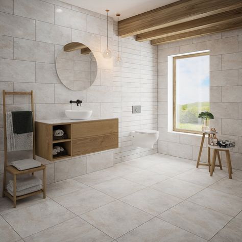 Johnson Tiles Floor, Sandstone Tiles Bathroom, Bathroom Tiles Stone Effect, Fossil Tiles, Scandi Cabin, Sandstone Tile, Scandi Bathroom, Johnson Tiles, Cabin Bathroom