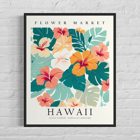 View USA State Flowers by Artprintontop on Etsy Vintage Hawaii Decor, Hawaiian Artwork, Hawaii Home Decor, Hawaii State Flower, Hawaii Bedroom, Flower Market Art, Hawaii Poster, Hawaii Art Print, Flower Hawaii