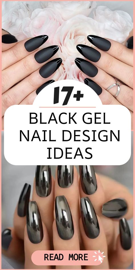 Enhance your nail style with elegant black gel nail designs that radiate sophistication and edgy charm. Choose from trendy options like matte black paired with metallic touches, glossy black adorned with shimmering rhinestones, or detailed black lace patterns for a daring manicure that makes a statement. Transform your nails into symbols of refinement and intrigue this season. Black Chrome Nails With Rhinestones, Black Textured Nail Designs, Black Nails Gel Polish, Black Chrome Dip Powder Nails, Black Nails New Years Eve, Black Matte Nails With Rhinestones, Goth Gel X Nails, Chrome Black Nails Designs, Black Nails With Pearl Chrome