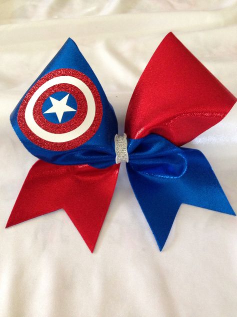 Captain America cheer bow Softball Stuff, Cheer Stuff, Hair Band Accessories, Cheer Dance, Cheer Bow, Cheer Bows, Super Hero, Hair Bow, Hair Band