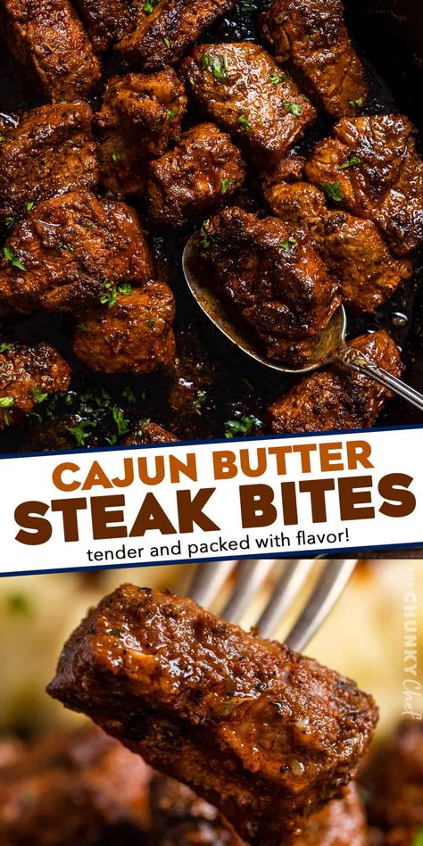 Cajun Garlic Butter Steak Bites - The Chunky Chef Easy Night Dinners, Steak Bites Marinade Recipes, Quick Easy Grill Meals, Special Dinner Ideas For Two, East College Dinners, Steak Healthy Dinner, Steak Bite Marinades, Steak Skillet Recipes, Out Of The Box Dinner Ideas