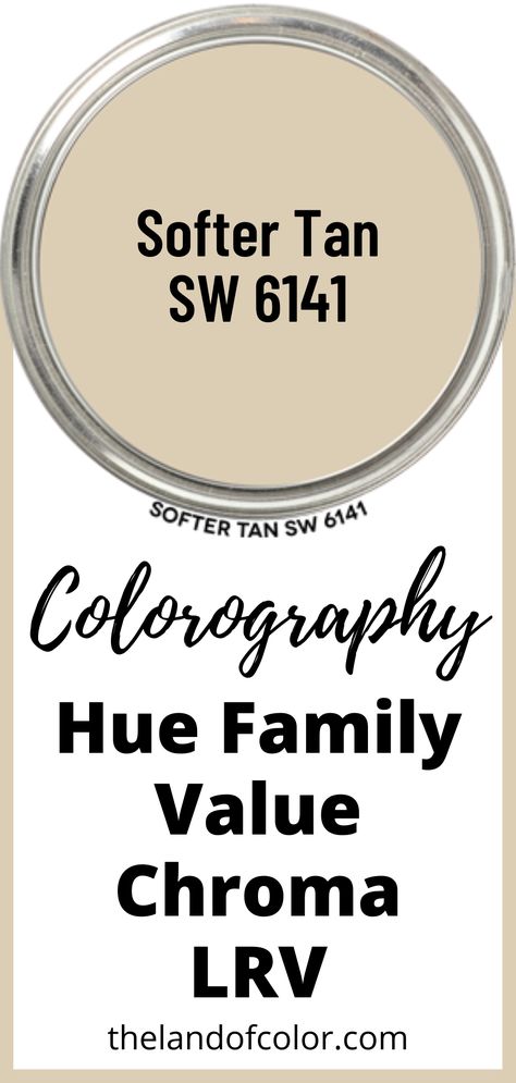 Softer Tan 6141 - Does the undertone jargon make your eye glaze over? Get hue family, value, chroma and LRV. Info from a Color Strategist! #SherwinWilliams #paintcolor #paintcolordna #colorography #softertan White Flour Sherwin Williams Walls, White Flour Sherwin Williams, River House Decorating Ideas, Office Wall Colors, Tan Paint Colors, Sherwin Williams White, Tan Paint, Tan Walls, Painting Walls