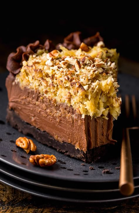 No-Bake German Chocolate Cheesecake - Baker by Nature Chocolate Cheesecake Cake, Avalanche Cookies, German Chocolate Cheesecake, Creamy Chocolate Cheesecake, Baker By Nature, Pecan Topping, Autumn Food, Oreo Cookie Crust, The Cheesecake Factory