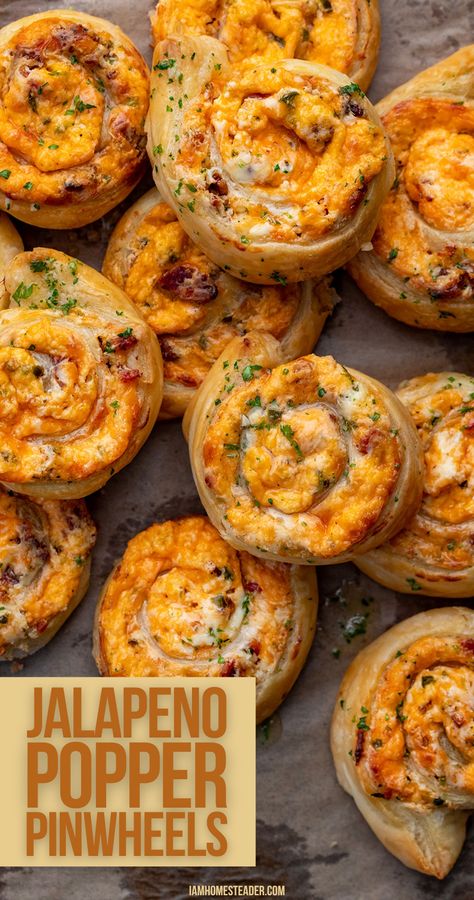 Jalapeno popper pinwheels stacked on a piece of parchment paper. Spicy Appetizers For Party, Gourmet Snacks Appetizers, Putlock Ideas Food, Jalepeno Popper Pinwheel Recipes, Pinwheels Appetizers Baked, Jalepeno Popper Rollups, Jalapeno Popper Biscuits, Easy Prep Appetizers, Puff Pastry Football Snacks