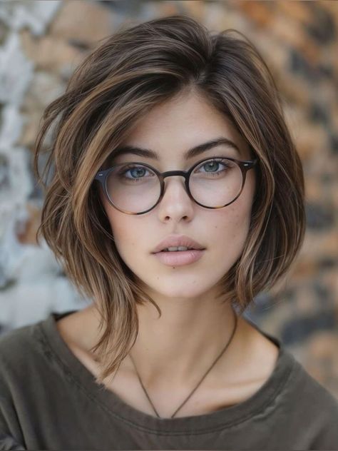 Bob Hairstyle Wavy Hair, Short Bob For Thinning Hair, Contour Bob, Wavy Hair With Glasses, Glasses For Oval Face Shape Woman, Short Haircut For Oval Face Women, Oval Face Short Haircut, Short Hair For Heart Shaped Faces, Cool Brown Highlights