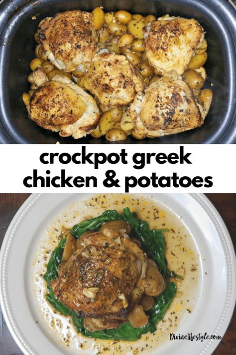 Greek Chicken Crock Pot Recipe, Slow Cooker Greek Lemon Chicken, Chicken Thigh Potato Crockpot, Crock Pot Greek Chicken Slow Cooker, Slow Cooker Greek Chicken And Potatoes, Slow Cooker Recipes Greek, Slow Cooker Lemon Chicken Recipes, Greek Chicken And Potatoes Crockpot, Chicken Thigh And Potato Crockpot