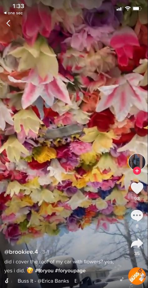 Fake Flower Car Ceiling, Flower Car Interior Roof, Car Ceiling Decoration Flowers, Car Decorations Interior Flower Roof, Flower Car Roof Interior, Flower Car Ceiling, Flower Roof Car, Car Ceiling Ideas, Flower Car Roof