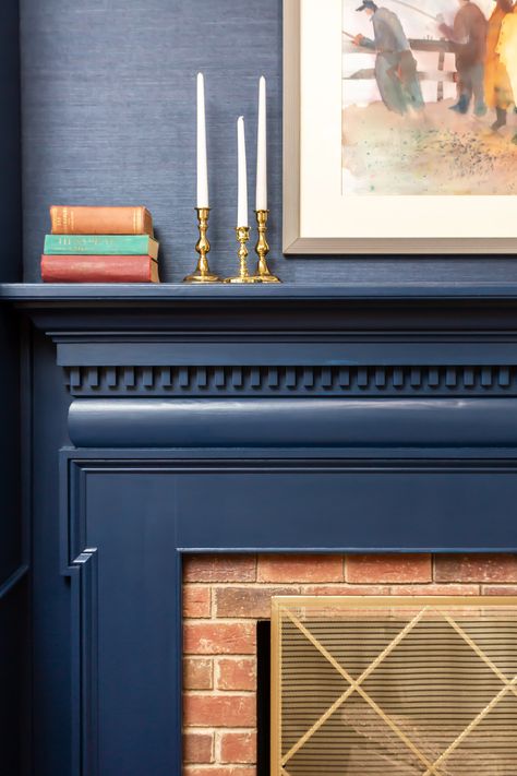 Navy Grasscloth Wallpaper Bedroom, Dental Molding Fireplace, Navy Blue Mantle, Navy Fireplace Mantel, Hale Navy Fireplace, Navy Mantle, Navy Fireplace Wall, Navy Fireplace, Navy Grasscloth Wallpaper