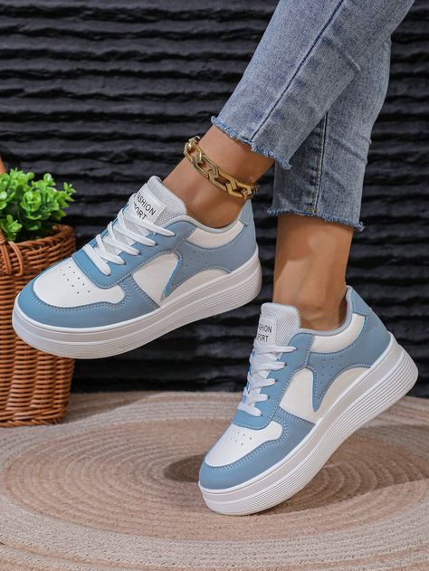 Chaussures de sport casual et polyvalentes pour femmes, baskets de loisirs respirantes pour femmes, chaussures plates à lacets casual pour femmes Bleu azur     Blocs de couleur    Women Shoes, size features are:Bust: ,Length: ,Sleeve Length: Clothes Moodboard, Blue Tennis Shoes, Womens Outdoor Fashion, Shein Shoes, Shoes Ideas, Kids Dress Up, Shoes Blue, Casual Sport Shoes, Blue Sneakers