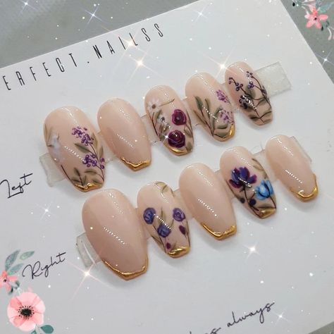 yourperfectnailss - Etsy Floral Wedding Nails, Fairy Garden Nails, Nails Asian, Asian Forest, Forest Glade, Short Fake Nails, Short Press On Nails, Asian Nails, Press On Nails Short