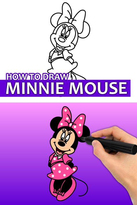 How To Draw Minnie Mouse Step By Step, How To Draw Minnie Mouse, Minnie Mouse Drawing Easy, Minnie Drawing, Draw Minnie Mouse, How To Draw Snow, Disney Drawing, Easy Disney Drawings, Easy Drawings For Kids