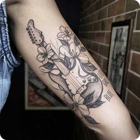 Guitar With Roses Drawing, Spanish Guitar Tattoo, Music Tattoo Sleeve Woman Design, Floral Guitar Tattoo, Guitar With Flowers Tattoo, Guitar Memorial Tattoo, Music Inspired Tattoos For Women, Electric Guitar Tattoo, Music Is Life Tattoo