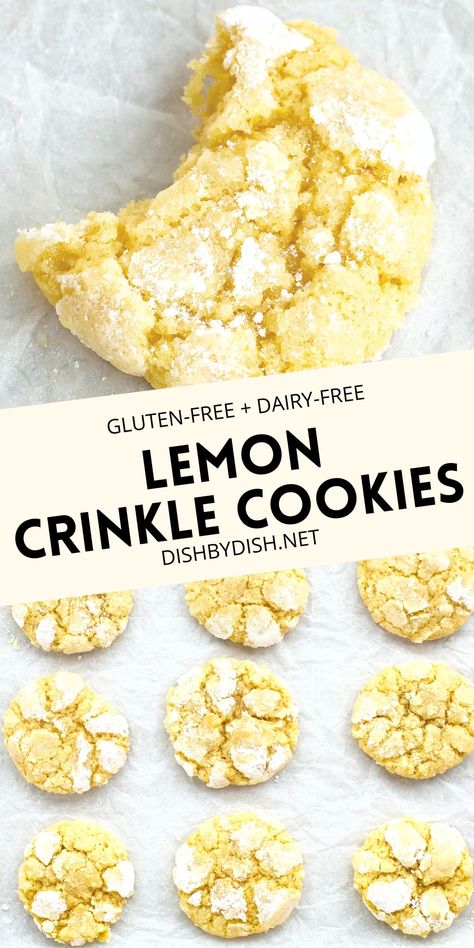 Deliciously good, these gluten-free lemon crinkle cookies are crispy on the outside and chewy inside, and filled with fresh citrus lemon flavor. Bake a batch for your holiday cookie exchange, or whenever you want some lemon cookies! Totally dairy-free too. Gluten Free Dairy Free Lemon Cookies, Gluten Free Lemon Crinkle Cookies Recipe, Lemon Crinkle Cookies Gluten Free, Gluten Free Dairy Free Tea Party Food, Gluten Free Lemon Cookie, Lectin Free Cookies, Gluten Free Dairy Free Cookie Recipes, Gluten Free And Dairy Free Cookies, Gluten Free Crinkle Cookies