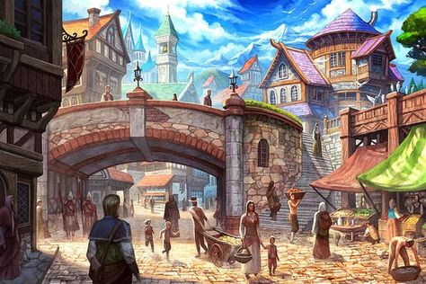 City Streets Fantasy Marketplace Concept Art, Medieval Fantasy Town Concept Art, Fantasy Market Art, Dnd Town Art, Market Fantasy Art, Medieval Town Art, Fantasy Port Town, Fantasy Marketplace, Market Concept Art