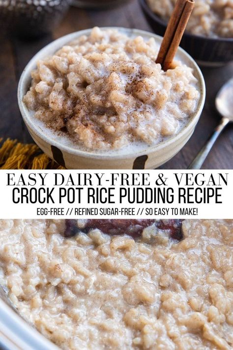 crock pot rice pudding Dairy Free Rice Recipes, Crock Pot Rice Pudding, Healthy Rice Pudding Recipe, Rice Pudding Vegan, Crockpot Rice Pudding, Crock Pot Rice, Dairy Free Rice Pudding, Crockpot Dairy Free, Slow Cooker Rice Pudding