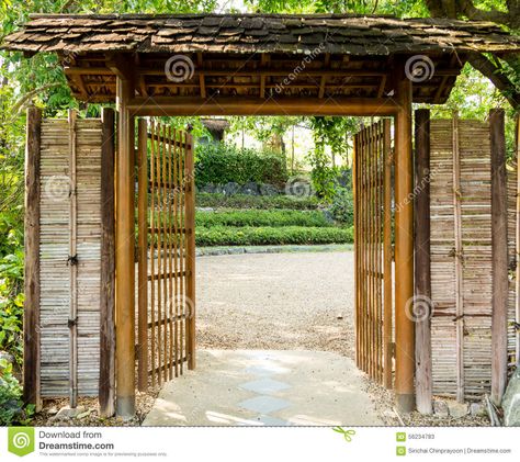 Photo about Bamboo door in gaden,Japanese style. Image of rural, nature, native - 56234783 Bamboo Gate Ideas, Bamboo Doors Ideas, Bamboo Gate Design Entrance, Bamboo Gate Design, Bamboo Gate, Bamboo Cafe, Bamboo Houses, Bamboo Door, Garden Gate Design