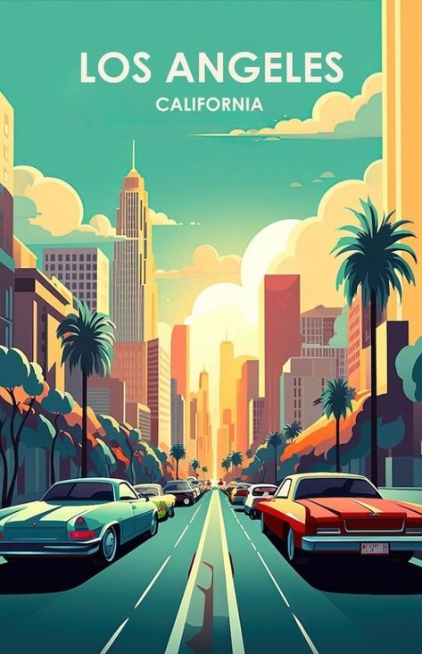 Los Angeles Illustration Art, Vector Travel Poster, Los Angeles Cartoon, Los Angeles Illustration, Tour Poster Design, Los Angeles Travel Poster, American Travel Posters, Land Mark, America Poster