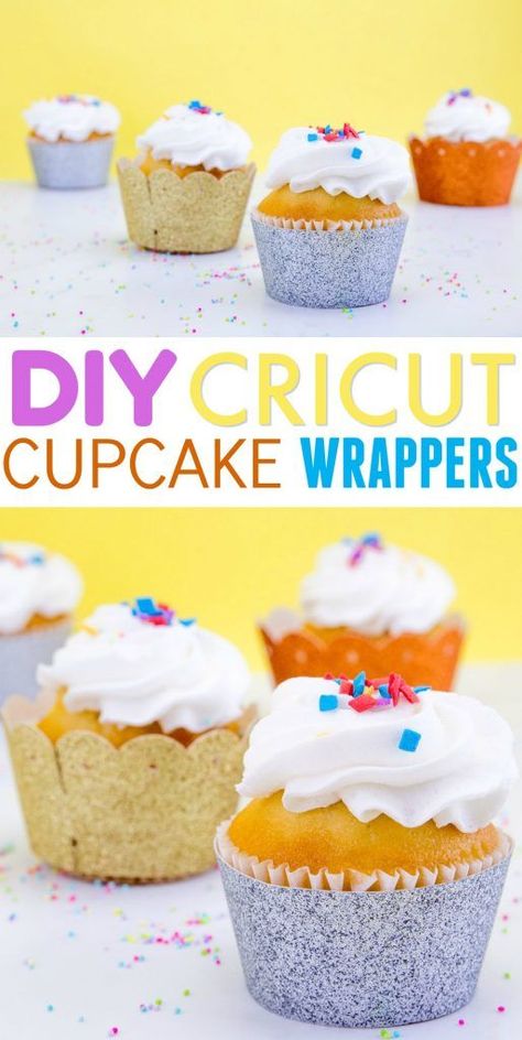 If you've ever wanted to take your cupcake game to the next level, these DIY Cricut cupcake wrappers are the way. We used glitter cardstock to really bring the sparkle. #cricut #diecutting #cricutmade #cricutmaker #cricutexplore #cricutprojects Wrappers Diy, Diy Stencils, Diy Recycled Projects, Cricut Supplies, Cupcake Wrapper, Cricut Images, Awesome Crafts, Beginner Crafts, Diy Cupcakes