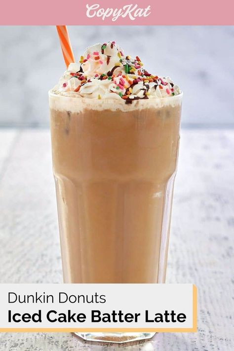 Dunkin Donuts Iced Cake Batter Latte is a deliciously sweet and creamy coffee drink. Get the easy copycat recipe and find out how to make an iced cake batter latte at home. You’ll love this iced espresso drink with milk that’s flavored with cake batter syrup, and topped with whipped cream, chocolate syrup, and rainbow sprinkles. #latte #coffeedrinks #icedcoffee #dunkin #copycat #copycatrecipe Dunkin Donuts Coffee Recipe, Dunkin Donuts Recipe, Donuts Birthday, Donut Birthday Cake, Cold Drinks Recipes, Dunkin Donuts Iced Coffee, Donut Coffee, Iced Cake, Nespresso Recipes