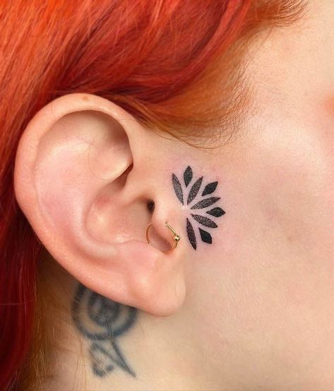 Half Mandala Ear Tattoo, Behind Ear Tattoo Mandala, Face Tattoo By Ear, Near Ear Tattoo, Mandela Face Tattoo, Subtle Face Tattoos For Women, Small Face Tattoos For Women By Ear, Color Only Tattoo, By Ear Tattoo