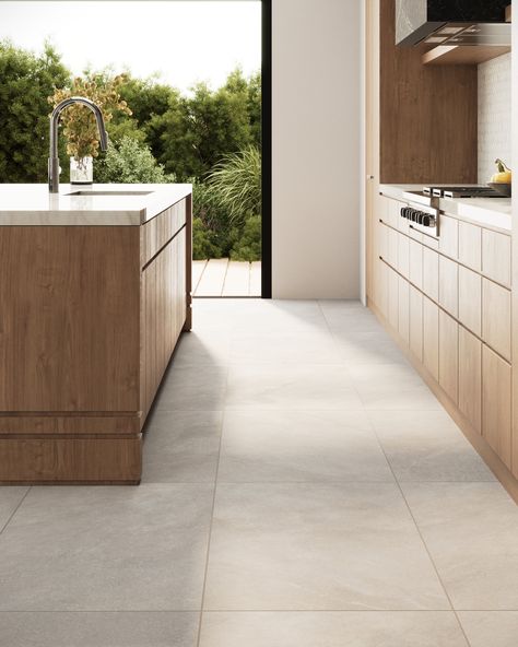 Shea 24x48 Matte Porcelain Tile in Stone Big Square Tiles Floors, Large Ceramic Tile Flooring, Kitchen Inspo Tile Floors, Light Tiled Kitchen Floor, Stone Kitchen Flooring Ideas, Large Tile Flooring Kitchen, Kitchen Light Tile Floor, Taupe Kitchen Floor Tile, Concrete Kitchen Floor Tiles