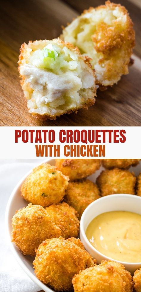 Mashed Potato Croquettes with chicken and mushrooms are tasty and seriously addicting! They're customizable and the perfect use for leftovers. Chicken Potato Croquettes, Mashed Potato Croquettes, Chicken Appetizer, Chicken Croquettes, Chicken And Mushrooms, Croquettes Recipe, Chicken Mushrooms, Holiday Leftovers, Potato Croquettes