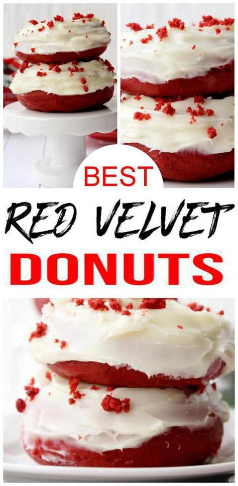 Check out these AMAZING red velvet donuts. BEST red velvet donut recipe w/ frosting. Make homemade red velvet donuts for Christmas breakfast or Christmas desserts. Easy Holiday baking recipe that is crowd pleasing. Great Christmas party food. Simple red velvet doughnuts recipe. Best cream cheese glaze for donuts. Simple baked red velvet donuts. Get Holiday baking for Christmas food now. For more #donut recipes see KimspiredDIY #desserts #christmas Red Velvet Donuts Recipe, Red Velvet Doughnut, Donut Frosting Recipe, Red Velvet Donut, Donut Frosting, Cake Donut Recipe, Best Donut Recipe, Mini Donut Recipes, Red Velvet Donuts