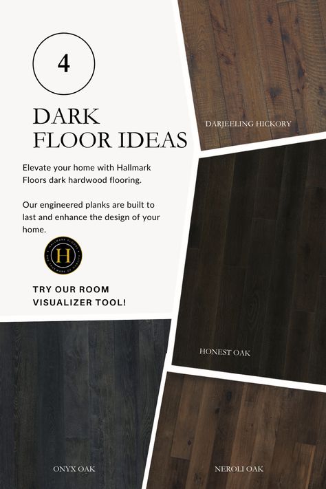 Looking to install dark hardwood floors in your home but not sure where what shade works best in your home? Try our room visualizer tool to see which shade amongst our dark floors can enhance your space. Vinyl Plank Flooring Colors, Wood Floor Inspiration, Dark Hardwood Flooring, Black Entry Doors, Dark Flooring, Dark Hardwood Floors, Black Wood Floors, Hallmark Floors, Hardwood Flooring Ideas