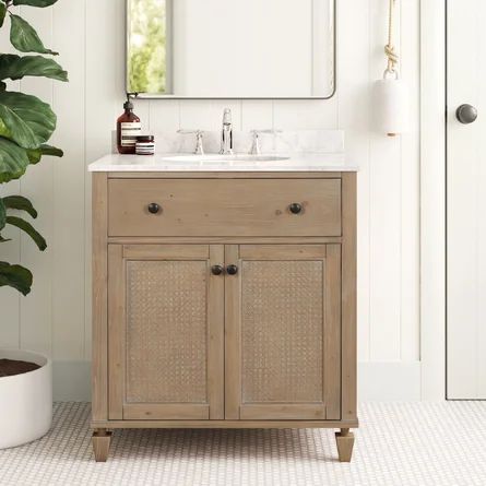 Sand & Stable Cleone 30" Single Bathroom Vanity Set | Wayfair 30 Inch Wood Bathroom Vanity, Bathroom Vanity With Seating, 30” Vanity, 30” Bathroom Vanity, Powder Bath Vanity, Powder Room Vanity Ideas, Wicker Cabinet, Rustic Beach House, 30 Inch Vanity