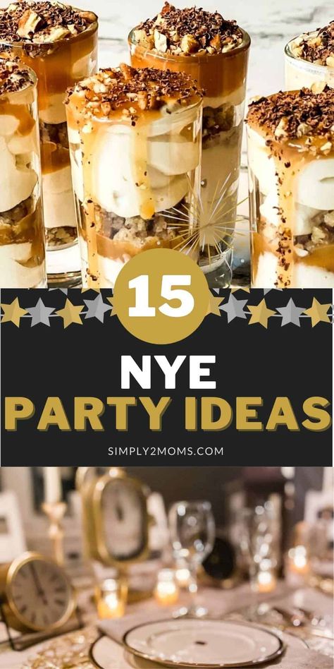 New Years Garland Diy, Nye Buffet Ideas, New Year’s Eve Buffet Ideas, New Years Eve Recipes Party Appetizers, New Years Eve Buffet Ideas, New Year’s Eve Shots, New Years Tablescapes, Nye Party Ideas Food, New Year’s Eve Tablescape